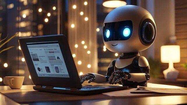 AI chatbot robot talking in online chat using laptop computer