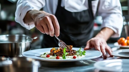 Expert chef meticulously arranges a gourmet dish in a professional kitchen setting