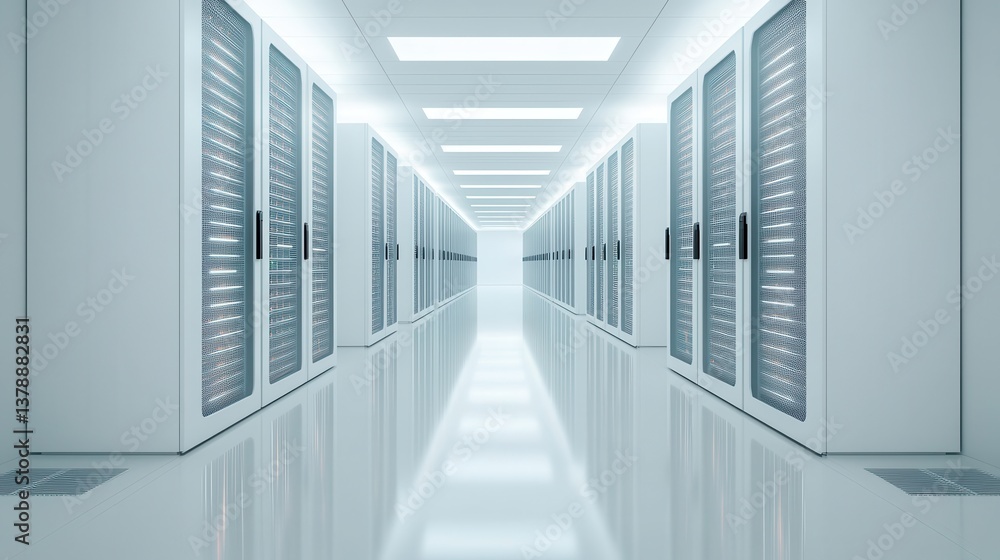 Poster a sleek, modern data center with rows of server racks, illuminated by bright overhead lighting, crea