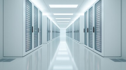 Obraz premium A sleek, modern data center with rows of server racks, illuminated by bright overhead lighting, creating a futuristic and organized environment.