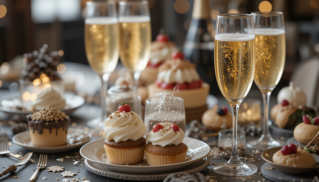 A festive New Year&rsquo;s Eve dessert table with champagne glasses