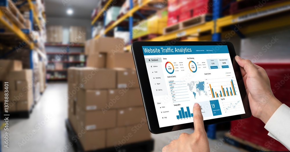 Poster computer software for website traffic analytics data on computer screen. concept of seo search engin