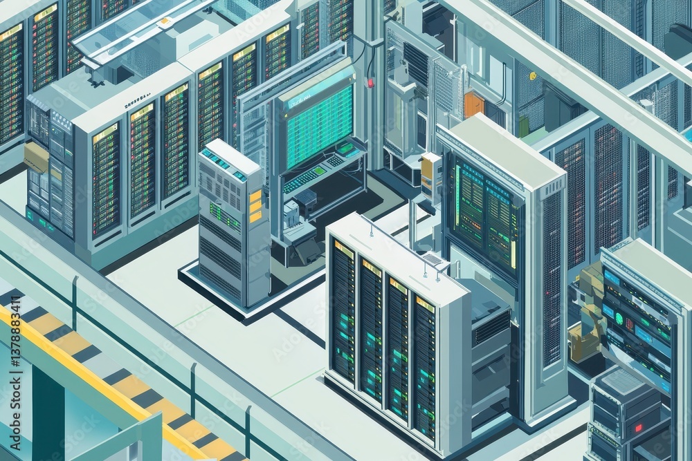 Poster . design an isometric illustration of a secure data center with rows of servers and protective barri