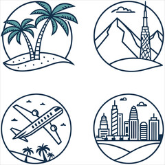 Tropical travel vector icons depict sun, sea, and palm-fringed island paradise