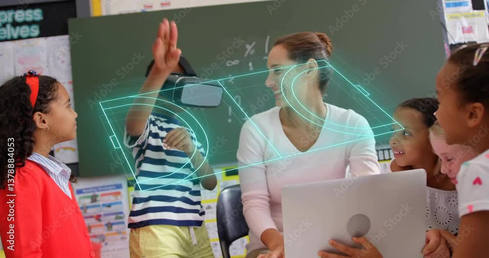 Poster children and teacher interacting with virtual reality animation in classroom
