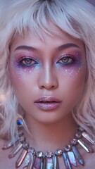 Fototapeta premium Stunning close-up portrait of a woman with glittery makeup and a stylish necklace