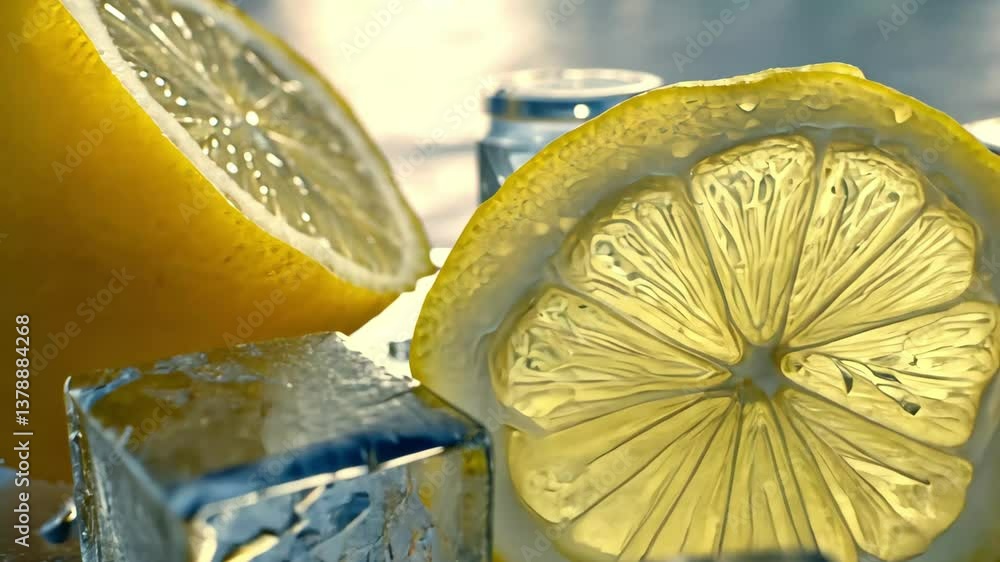 Poster refreshing lemon slices resting on crystal ice cubes in a cool setting, cold lemon between ice cubes