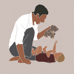 Obraz premium Freehand illustration of a Father playing with his Son in a flat style in beige tones. Hand drawn postcard, background for Father's Day