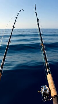 Fishing rods are gracefully arranged on a boat, gently bobbing in the tranquil ocean waters under a warm, radiant sunlit sky