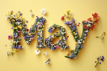 Colorful floral arrangement forming the word may on yellow background