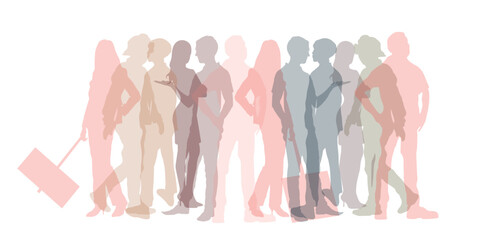 Side silhouettes of men and women. Crowd protesting against racism.