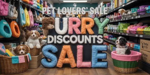 Fototapeta premium Pet lovers' sale with colorful furry text Hurry Discounts Sale in a pet store setting featuring adorable puppies in baskets surrounded by pet supplies
