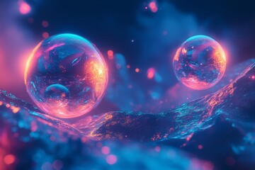 Surreal bioluminescent orbs in a dreamy cosmic landscape