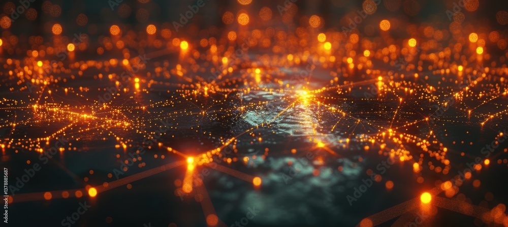 Poster futuristic 3d network nodes on metallic surface with glowing connections for digital design
