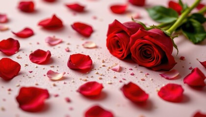 Red Rose Petals Create an image of freshly fallen red rose petals scattered on a soft surface, emphasizing their delicate beauty.