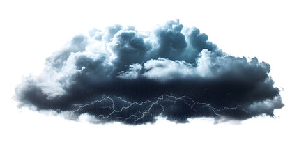 Dark rainy stormy cloud with lightning and rain isolated on transparent and white background, cut out png