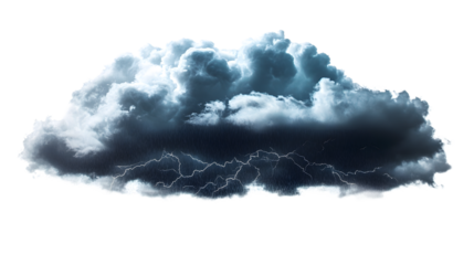 Dark rainy stormy cloud with lightning and rain isolated on transparent and white background, cut out png