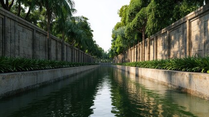Fototapeta premium A serene, tree-lined canal bordered by stone walls, reflecting lush greenery and tranquil water under bright sunlight.