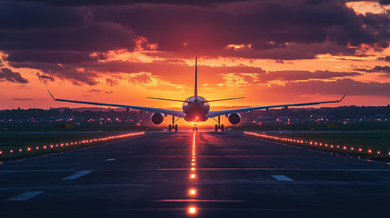 Commercial jet flying over illuminated city at night with glowing bokeh lights, symbolizing global connection, air travel, night flights and modern aviation technology