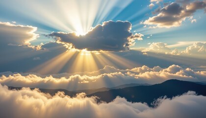 Sunbeam Through Clouds Create an image capturing sunbeams breaking through dramatic clouds, illuminating the landscape below.