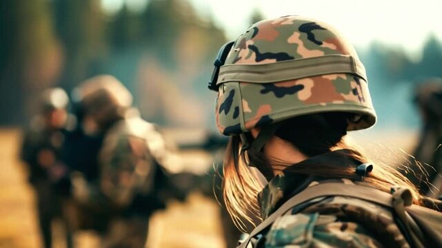 A young soldier wearing camouflage gear and protective headgear smiles brightly while standing among fellow military members in a forest setting during a training exercise