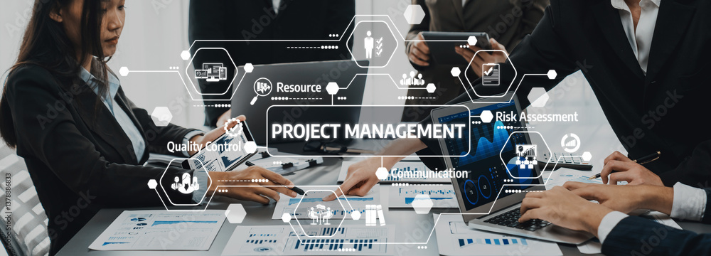 Poster a team engaged in a collaborative project management meeting showcasing modern digital tools and str