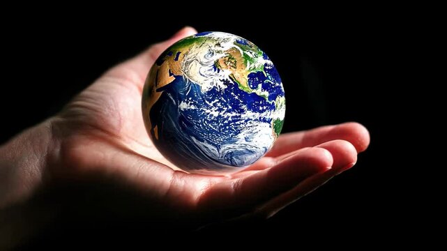 Holding the earth in hand represents the need for preservation and care for our planet, A hand holding a globe, signifying the preservation and upkeep of the natural world