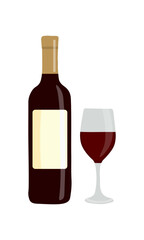 A bottle of red wine and a filled glass in flat style. Vector illustration on white background