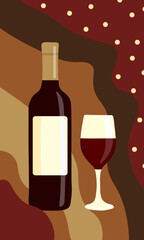 A bottle of red wine and a filled glass in flat style. Vector illustration on brown background