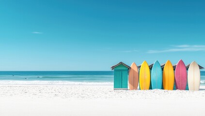 Colorful surfboards by beach hut on sunny beach, summer vacation concept