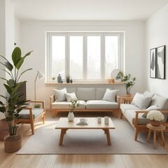 Fototapeta premium Minimalist Scandinavian living room with a neutral color palette, wooden furniture, natural décor, indoor plants and modern accents
