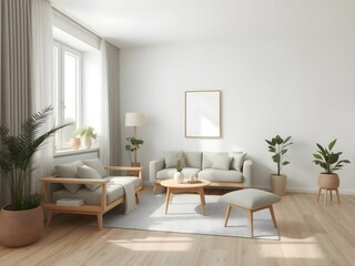 Minimalist Scandinavian living room with a neutral color palette, wooden furniture, natural décor, indoor plants and modern accents