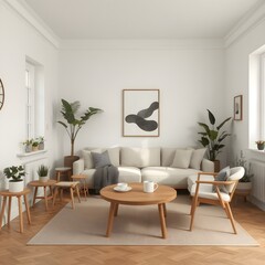Minimalist Scandinavian living room with a neutral color palette, wooden furniture, natural décor, indoor plants and modern accents