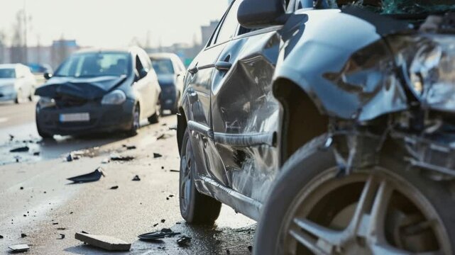 A significant car accident involving multiple vehicles causes severe traffic delays on a highway. Passersby observe the damaged cars and emergency responders at the site of the incident