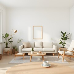 Minimalist Scandinavian living room with a neutral color palette, wooden furniture, natural décor, indoor plants and modern accents