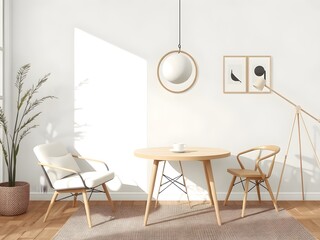 Minimalist Scandinavian living room with a neutral color palette, wooden furniture, natural décor, indoor plants and modern accents