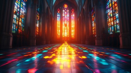 Colorful Stained Glass Windows Illuminating Inside with Vibrant Light High Resolution Picture