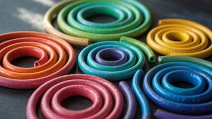 Fototapeta premium Colorful spirals of modeling clay arranged in a creative layout on a dark surface