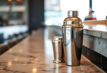 Cocktail Shaker and Jigger on Modern Bar Counter Polished Metal Barware