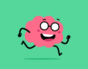 Vector cartoon illustration of cute happy brain character in glasses with open mouth on color background. Flat doodle style design of smile brain fast run forward