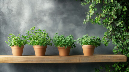 Three pots of vibrant oregano sit on a wooden shelf, adding a touch of nature to a contemporary kitchen environment