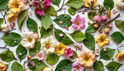 Nature's Abstract Leaves and flowers pressed together, forming an abstract pattern with vivid greens and soft pastels.