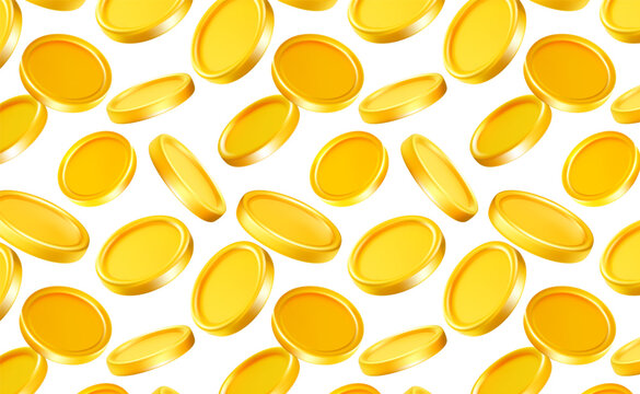 Vector illustration of rain of gold shine coin with different angle on white background. 3d realistic style design of seamless pattern with fly blank golden coin, game chip, money cash symbol