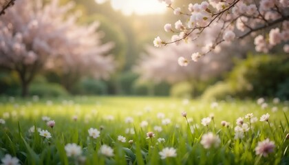 Blooming Cherry Trees and Wildflowers in a Sunny Spring Meadow