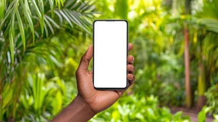 Close-up of a Hand Holding a Smartphone Surrounded by Lush Green Tropical Foliage