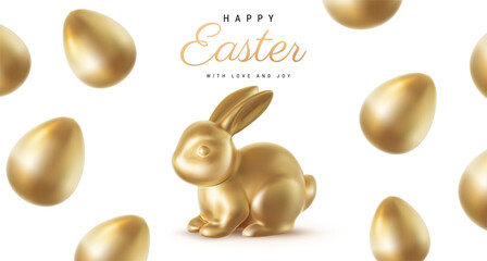 Vector Happy Easter illustration with realistic shine golden egg and bunny on white background. 3d cartoon style pattern easter hunt design with golden rabbit and egg