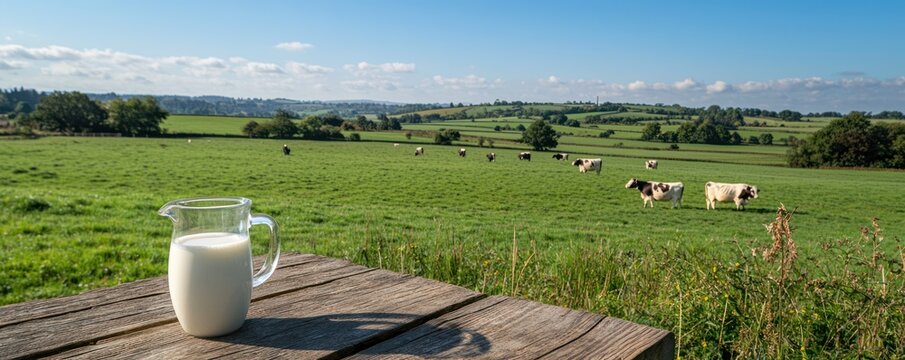 Fresh milk on table, cows grazing in green field, rural landscape - Powered by Adobe
