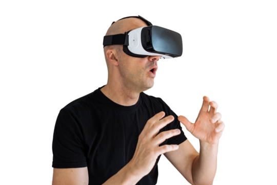 Man in black t shirt wearing VR headset, isolated on transparent PNG background. Ideal for gaming, virtual reality, tech, and futuristic design projects.

 - Powered by Adobe