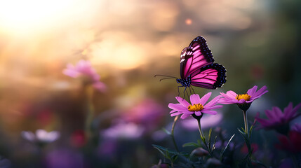 A delicate butterfly with pink wings gently landing on a blooming wildflower in a vibrant meadow.