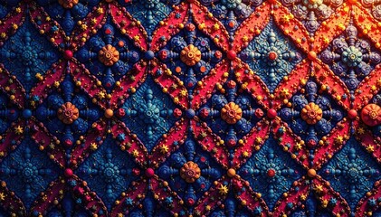 Intricate geometric textile design, vibrant hues, color, pattern